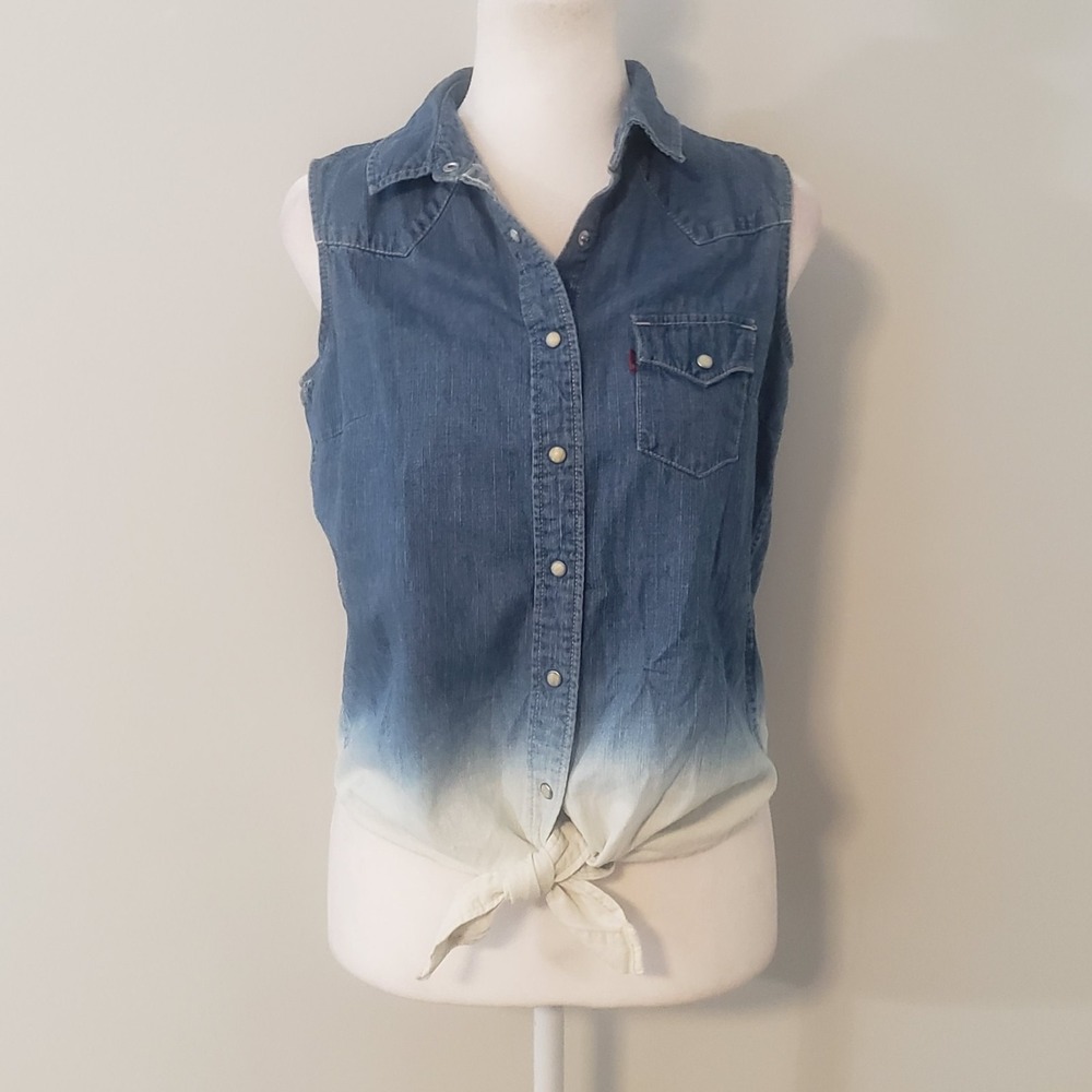 Levis Pearl Snap Sleeveless Western Top SMALL Coastal Cowgirl Ombre Tie Front